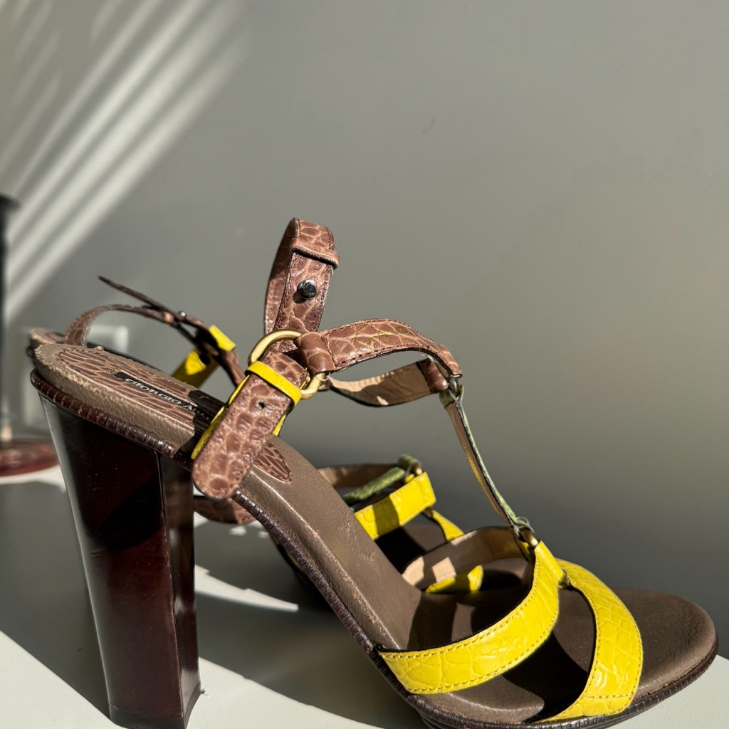 Giorgio Armani Womens Embossed Leather Strappy Sandals Brown Yellow Size 38.5